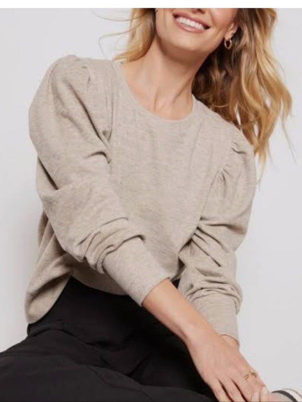 Evereve Stacy Puff Sleeve Heather Pullover Sweatshirt - Oatmeal - Size Small